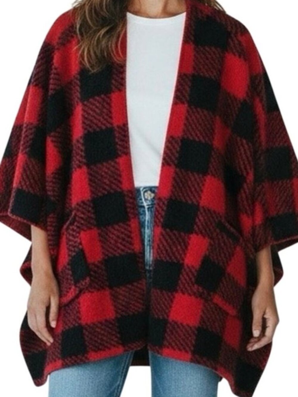 Muk Luks Buffalo Plaid Poncho Cardigan Red Black Fleece Wrap L
